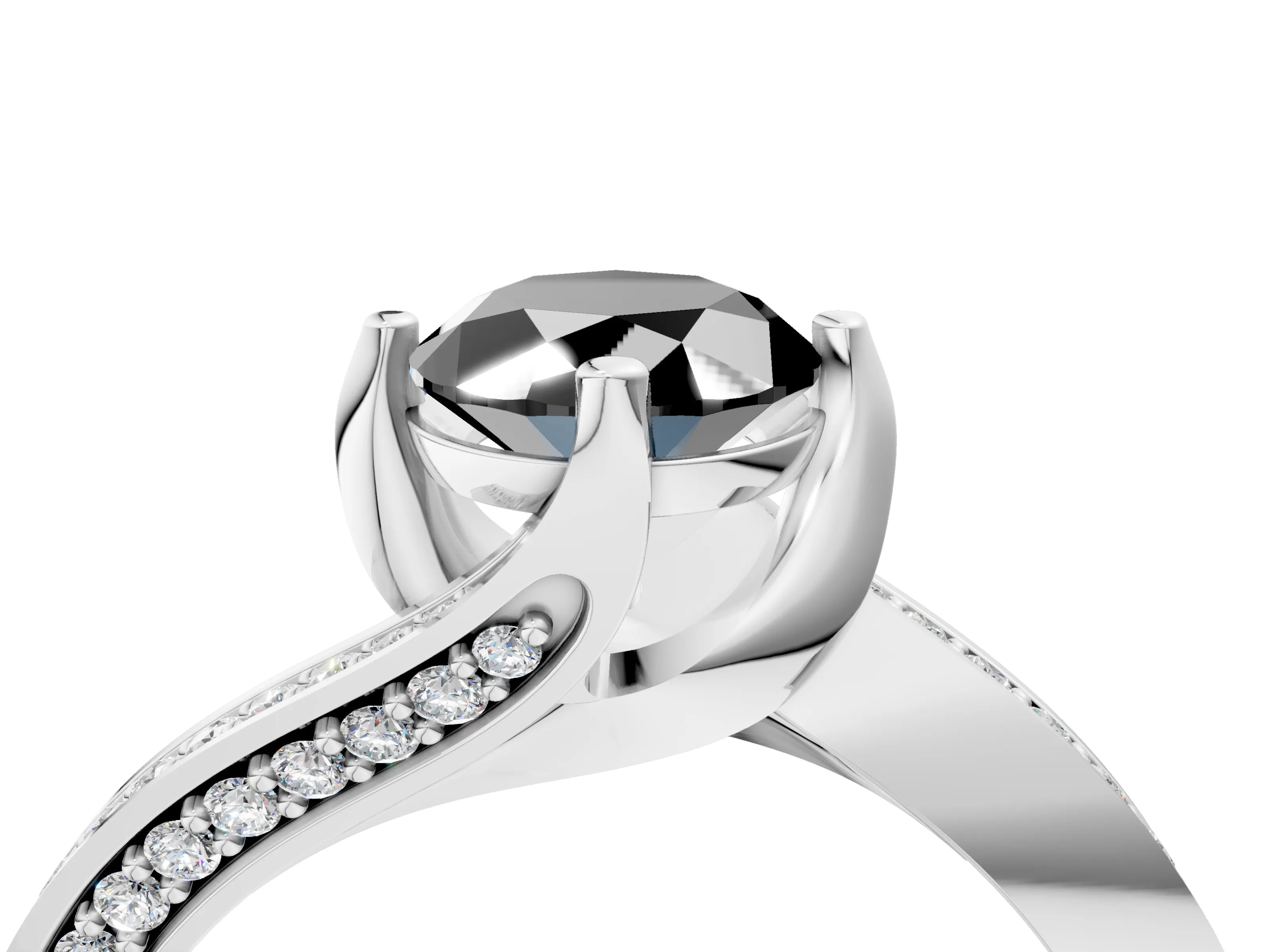 White gold Fancy Black Oval Cut Solitaire Diamond Twist Band with Pavé Setting and Four-Prong Setting_16