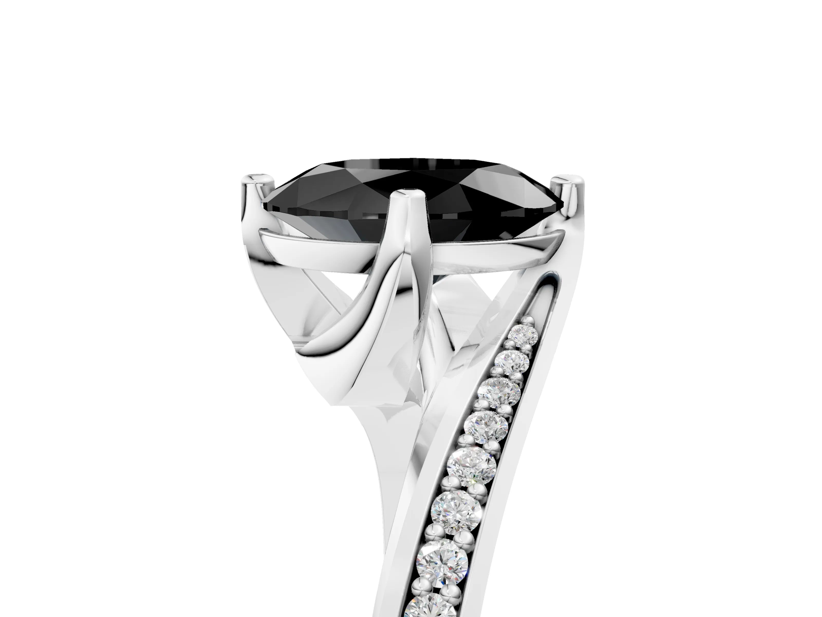 White gold Fancy Black Oval Cut Solitaire Diamond Twist Band with Pavé Setting and Four-Prong Setting_17
