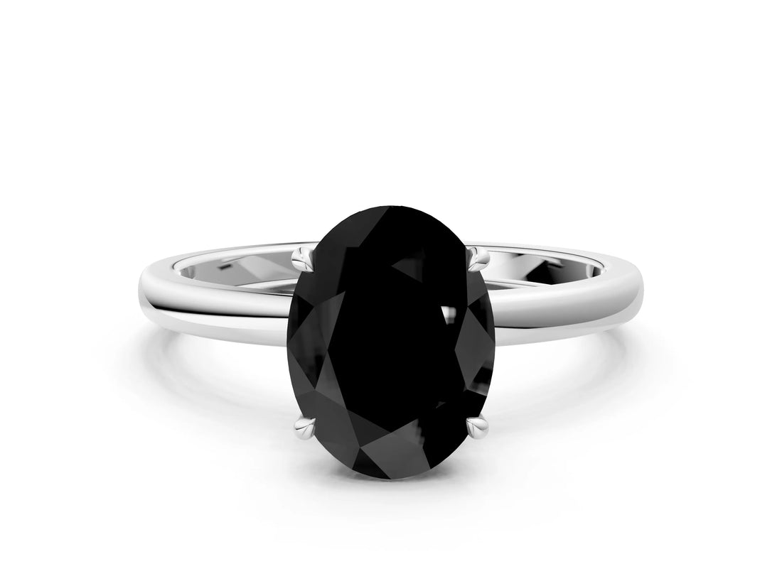 White gold Fancy Black Oval Cut Solitaire Engagement Ring with Cathedral Band and Four-Prong Setting