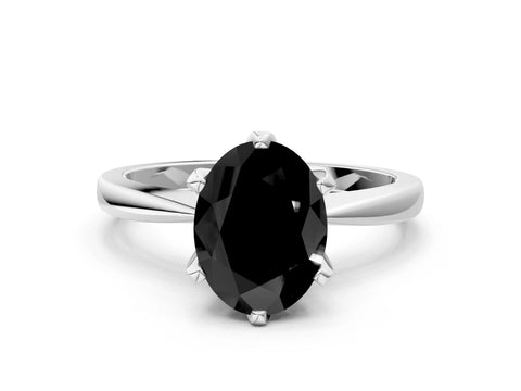 White gold Fancy Black Oval Cut Solitaire Engagement Ring with Six-Prong Setting and Tapered Band