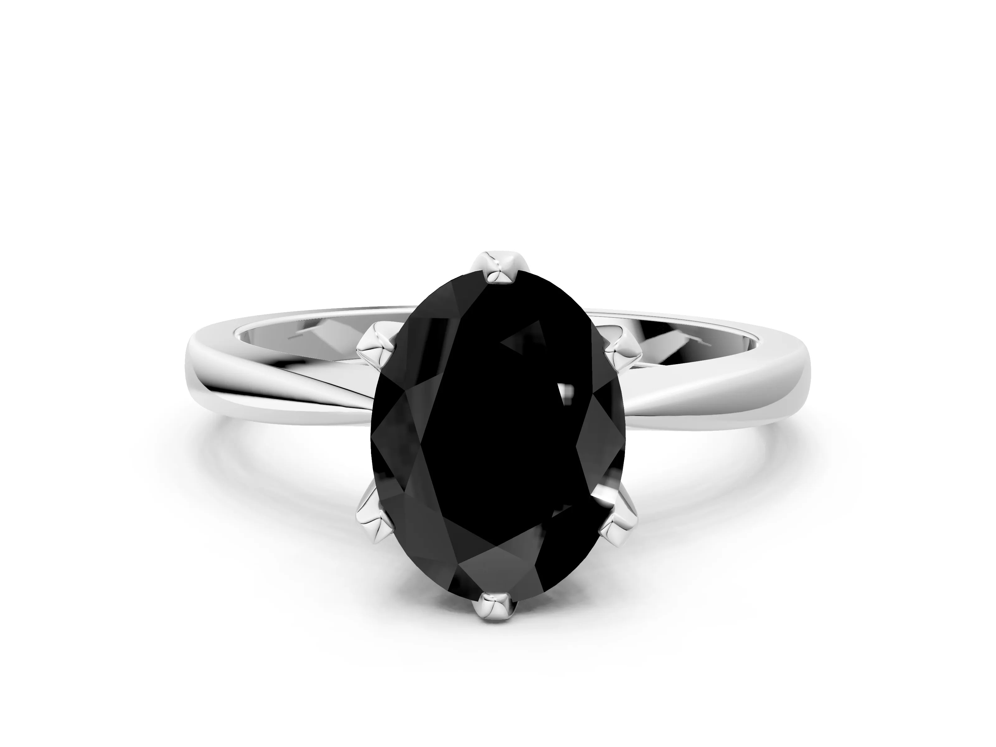 White gold Fancy Black Oval Cut Solitaire Engagement Ring with Six-Prong Setting and Tapered Band