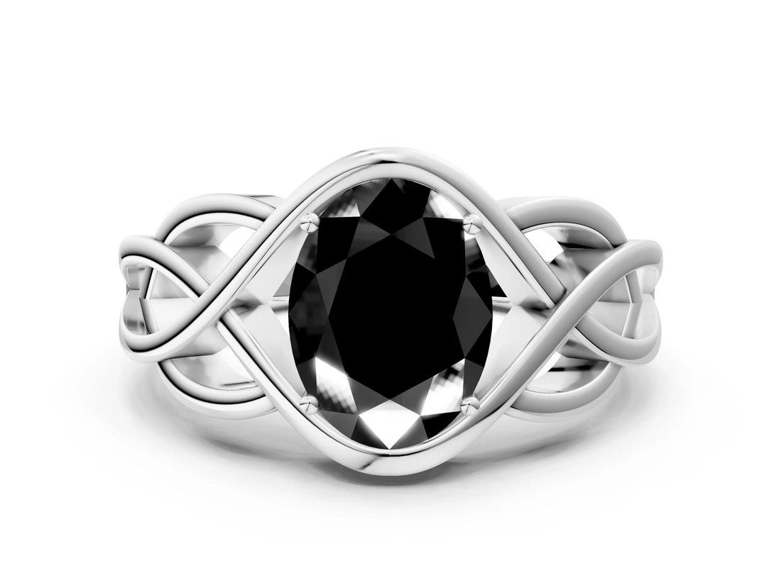 White gold Fancy Black Oval Cut Solitaire Intertwined Band Prong Setting Ring