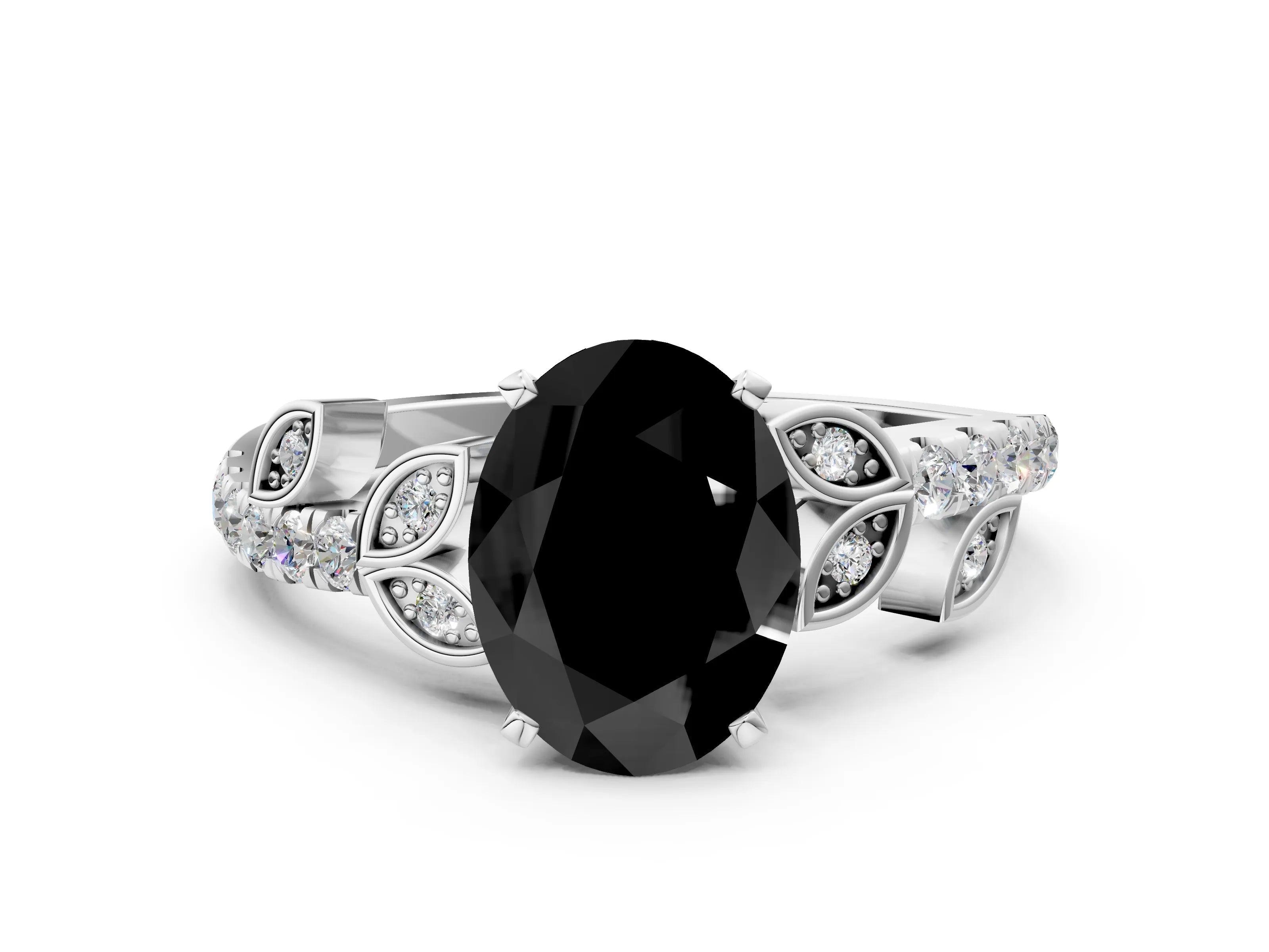 White gold Fancy Black Oval Cut Solitaire Leaf-Inspired Diamond Ring with Pavé Band and Four-Prong Setting_12