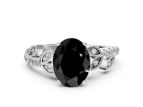 White gold Fancy Black Oval Cut Solitaire Leaf-Inspired Diamond Ring with Pavé Band and Four-Prong Setting_12