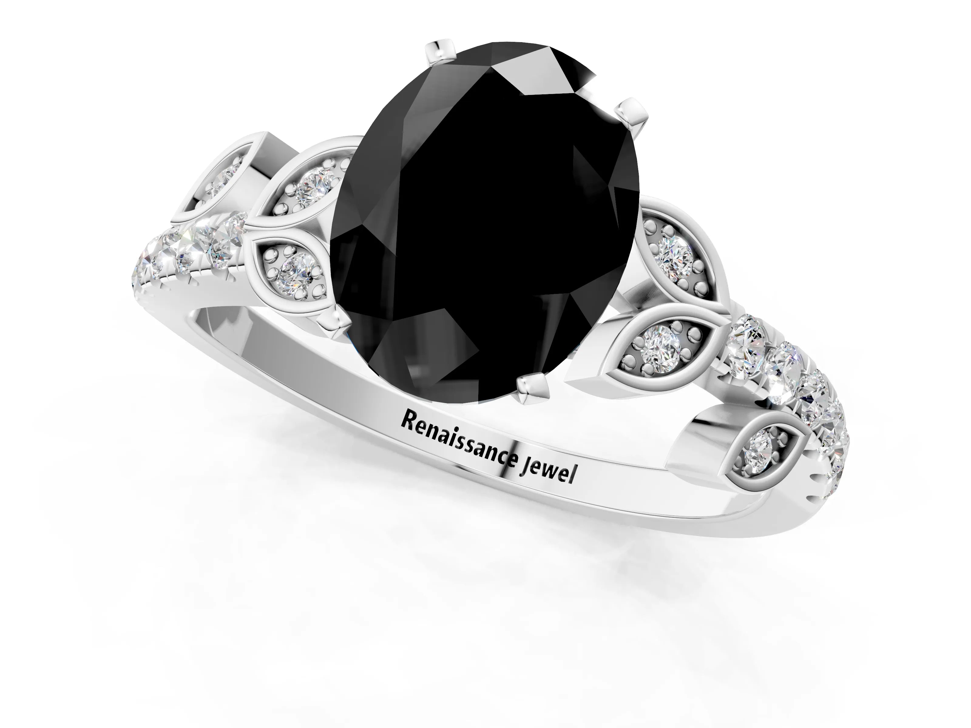 White gold Fancy Black Oval Cut Solitaire Leaf-Inspired Diamond Ring with Pavé Band and Four-Prong Setting_13