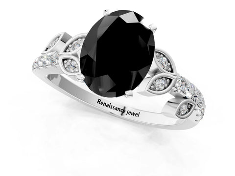 White gold Fancy Black Oval Cut Solitaire Leaf-Inspired Diamond Ring with Pavé Band and Four-Prong Setting_13