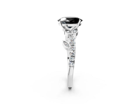 White gold Fancy Black Oval Cut Solitaire Leaf-Inspired Diamond Ring with Pavé Band and Four-Prong Setting_14