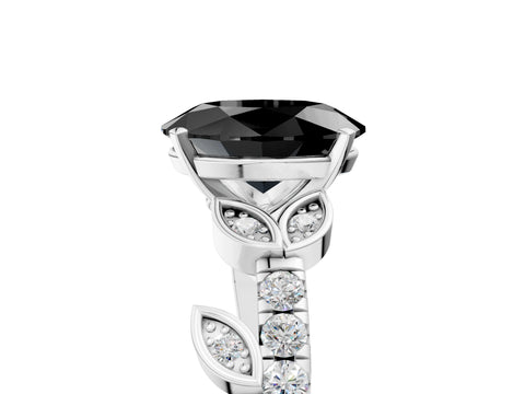White gold Fancy Black Oval Cut Solitaire Leaf-Inspired Diamond Ring with Pavé Band and Four-Prong Setting_17