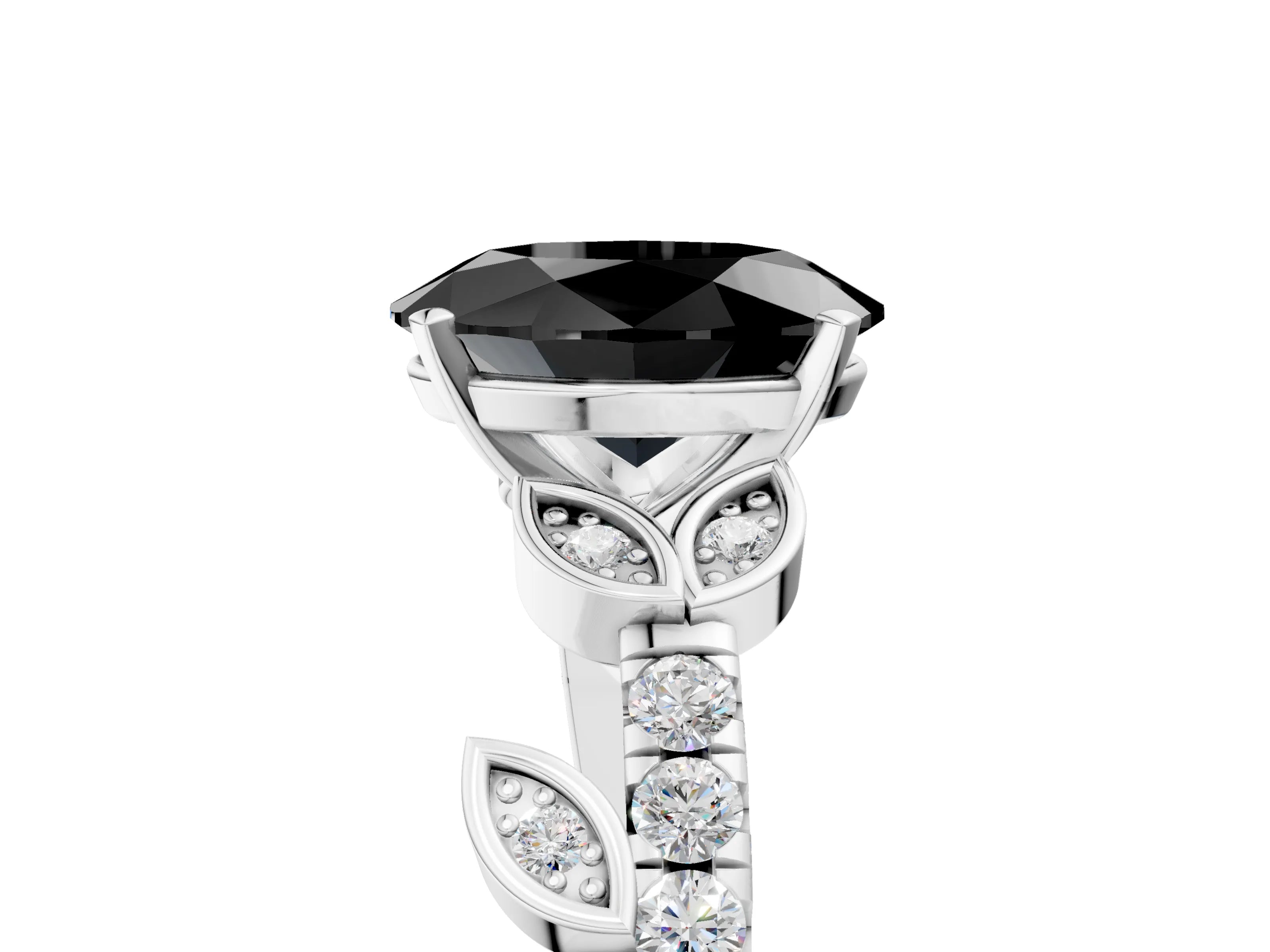 White gold Fancy Black Oval Cut Solitaire Leaf-Inspired Diamond Ring with Pavé Band and Four-Prong Setting_17