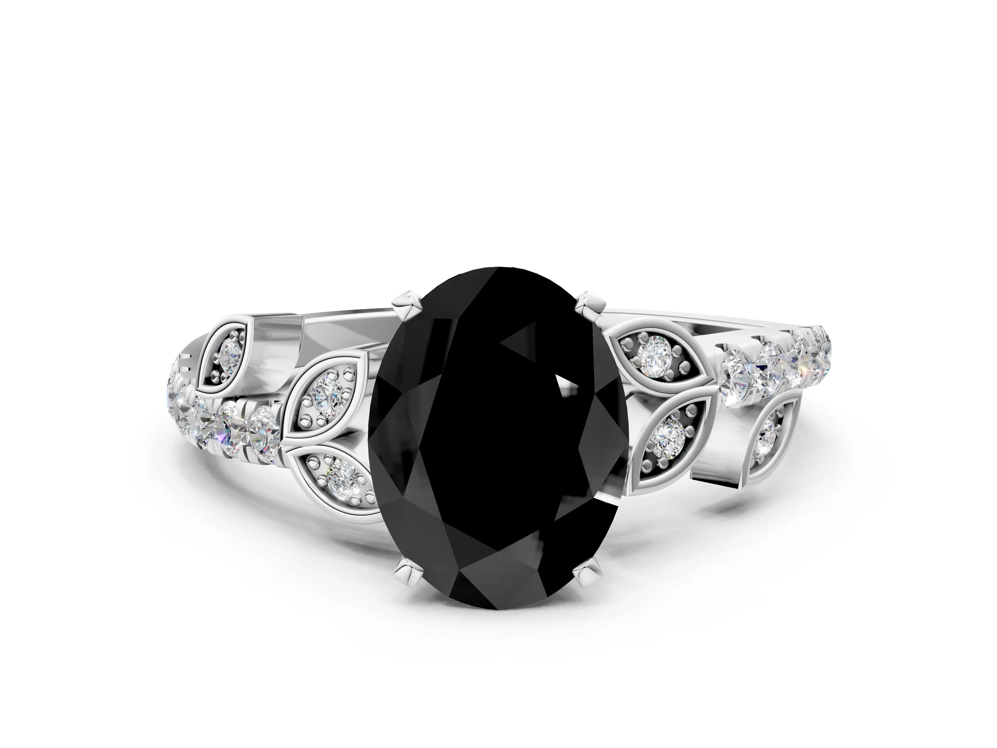 White gold Fancy Black Oval Cut Solitaire Leaf-Inspired Diamond Ring with Pavé Band and Four-Prong Setting_24