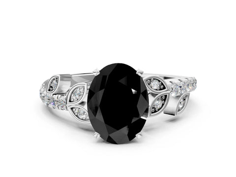 White gold Fancy Black Oval Cut Solitaire Leaf-Inspired Diamond Ring with Pavé Band and Four-Prong Setting_24