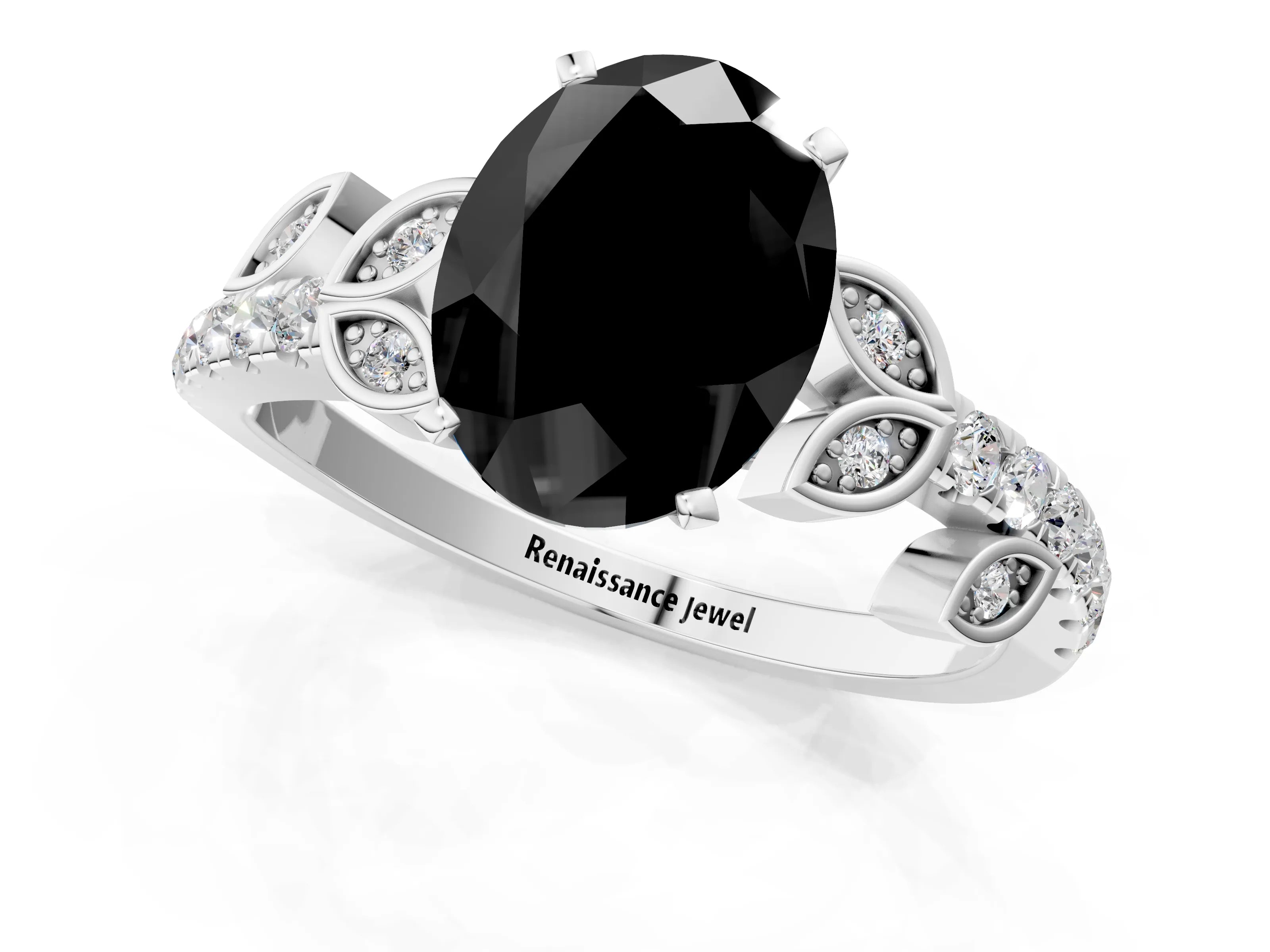White gold Fancy Black Oval Cut Solitaire Leaf-Inspired Diamond Ring with Pavé Band and Four-Prong Setting_25