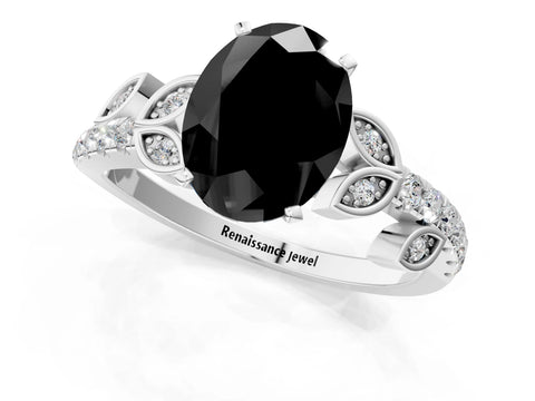 White gold Fancy Black Oval Cut Solitaire Leaf-Inspired Diamond Ring with Pavé Band and Four-Prong Setting_25