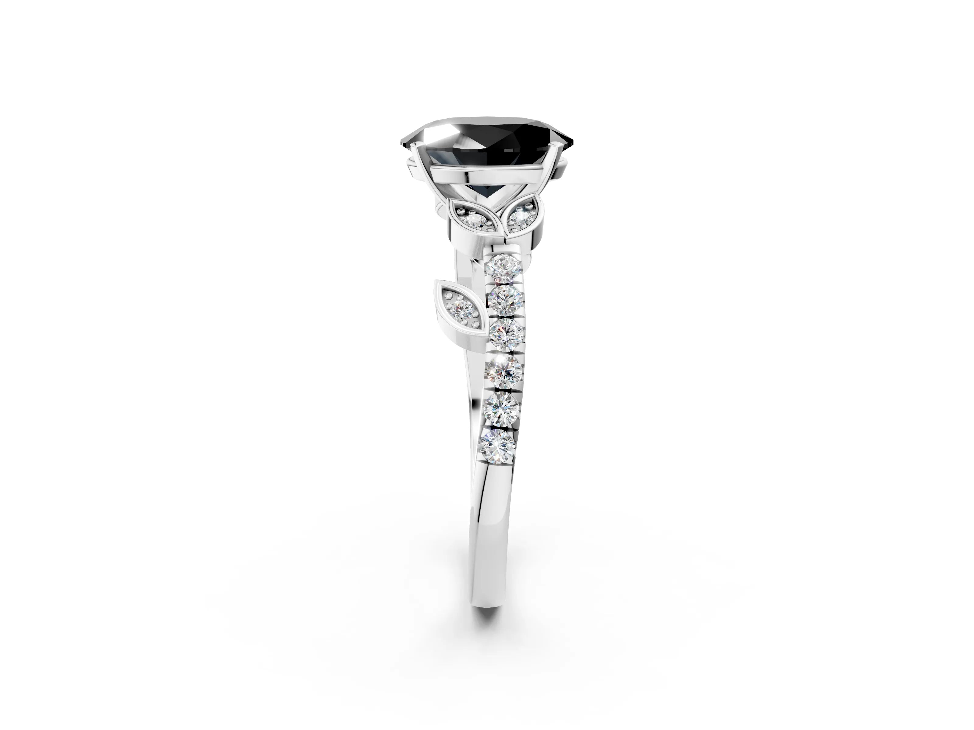 White gold Fancy Black Oval Cut Solitaire Leaf-Inspired Diamond Ring with Pavé Band and Four-Prong Setting_26