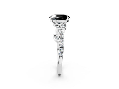 White gold Fancy Black Oval Cut Solitaire Leaf-Inspired Diamond Ring with Pavé Band and Four-Prong Setting_26