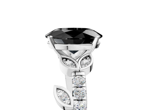 White gold Fancy Black Oval Cut Solitaire Leaf-Inspired Diamond Ring with Pavé Band and Four-Prong Setting_29