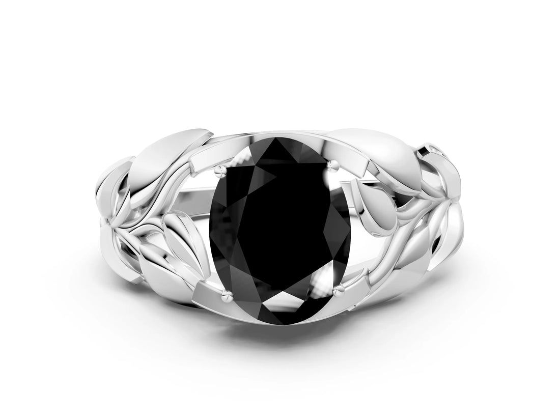 White gold Fancy Black Oval Cut Solitaire Leaf-Inspired Engagement Ring with Prong Setting