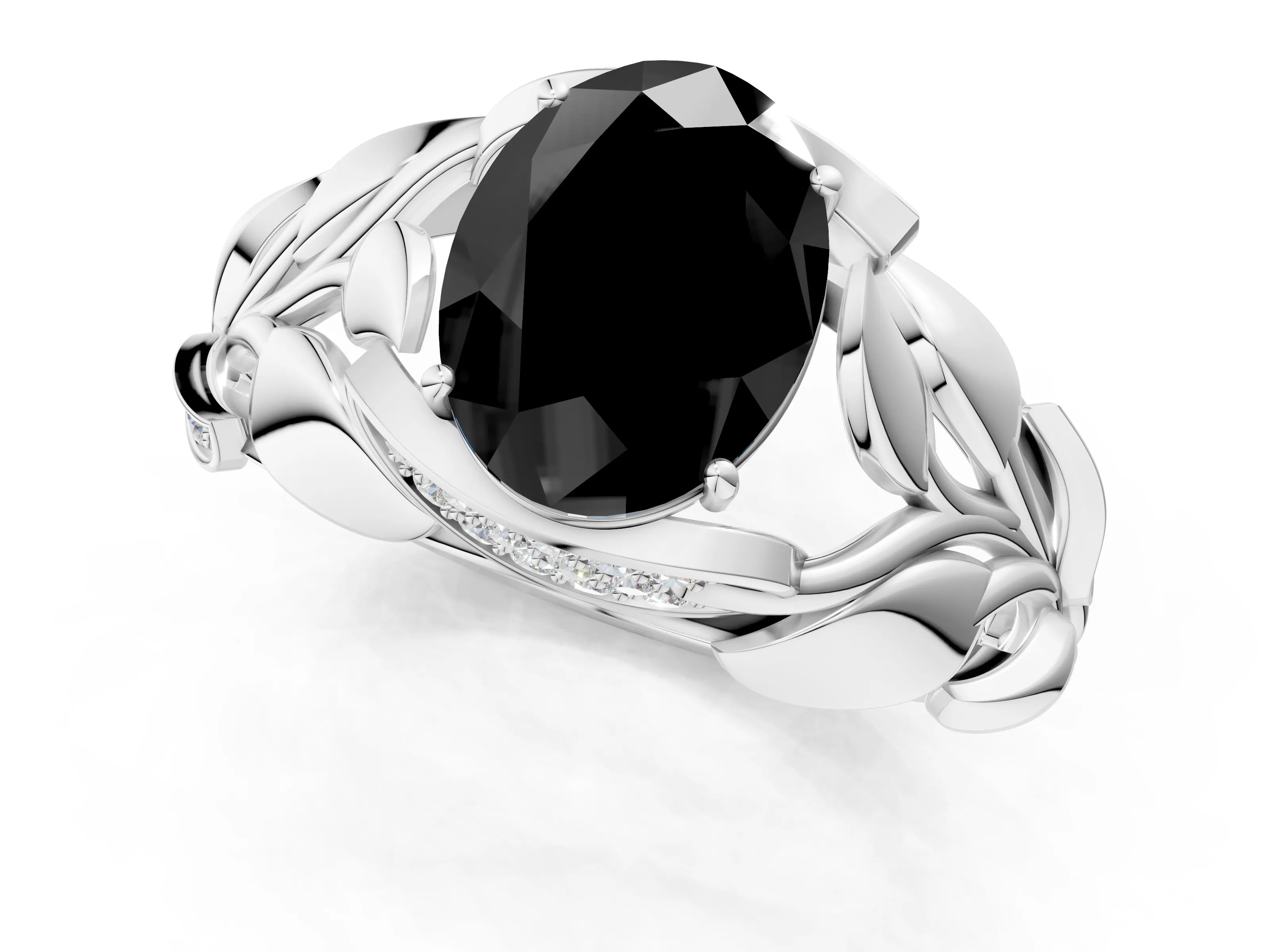 White gold Fancy Black Oval Cut Solitaire Leaf-Inspired Engagement Ring with Prong Setting_1