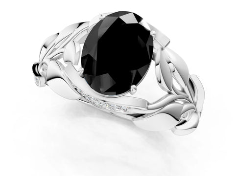 White gold Fancy Black Oval Cut Solitaire Leaf-Inspired Engagement Ring with Prong Setting_1