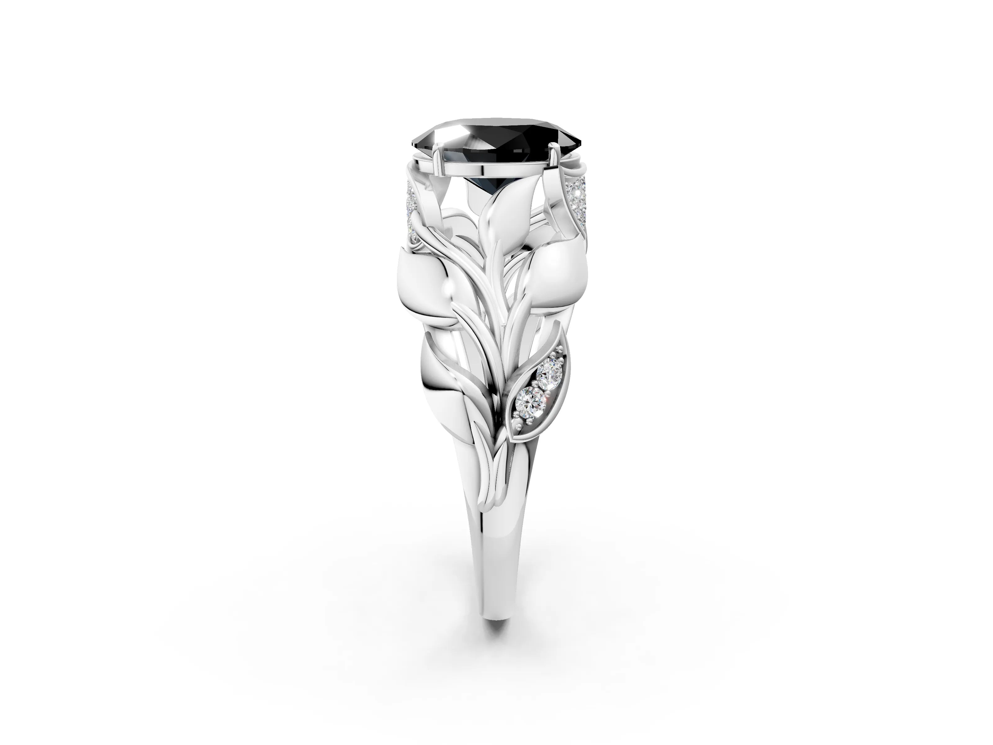 White gold Fancy Black Oval Cut Solitaire Leaf-Inspired Engagement Ring with Prong Setting_2