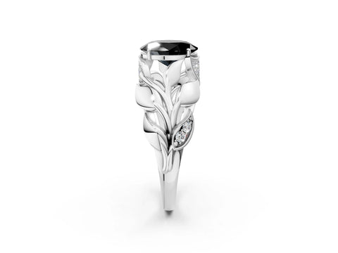 White gold Fancy Black Oval Cut Solitaire Leaf-Inspired Engagement Ring with Prong Setting_2