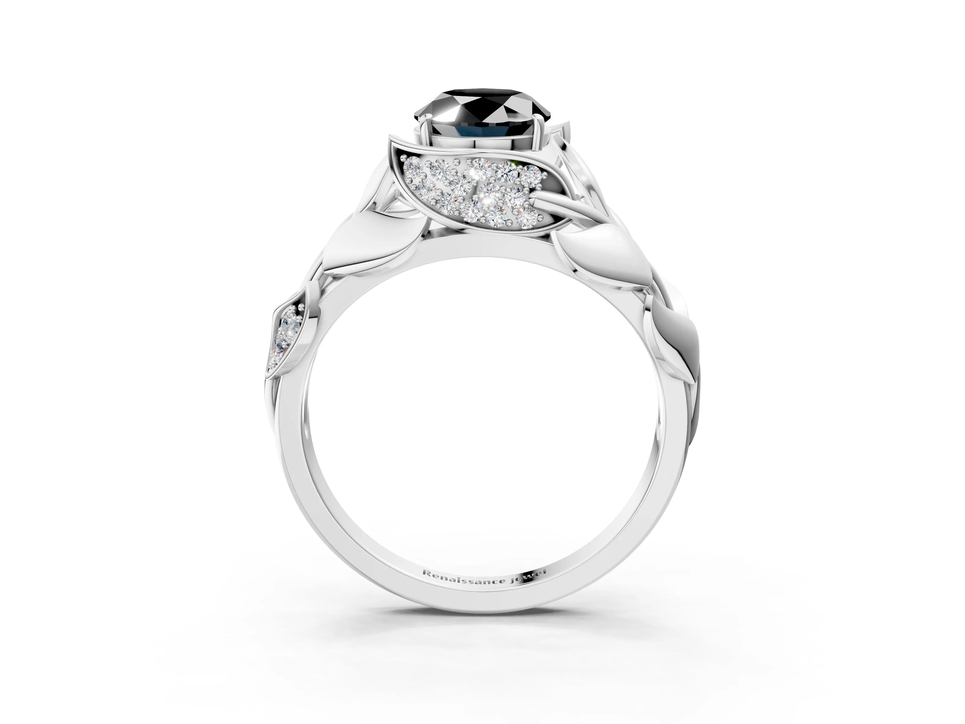 White gold Fancy Black Oval Cut Solitaire Leaf-Inspired Engagement Ring with Prong Setting_3