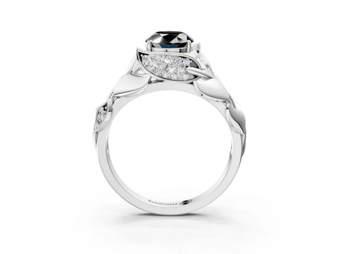 White gold Fancy Black Oval Cut Solitaire Leaf-Inspired Engagement Ring with Prong Setting_3