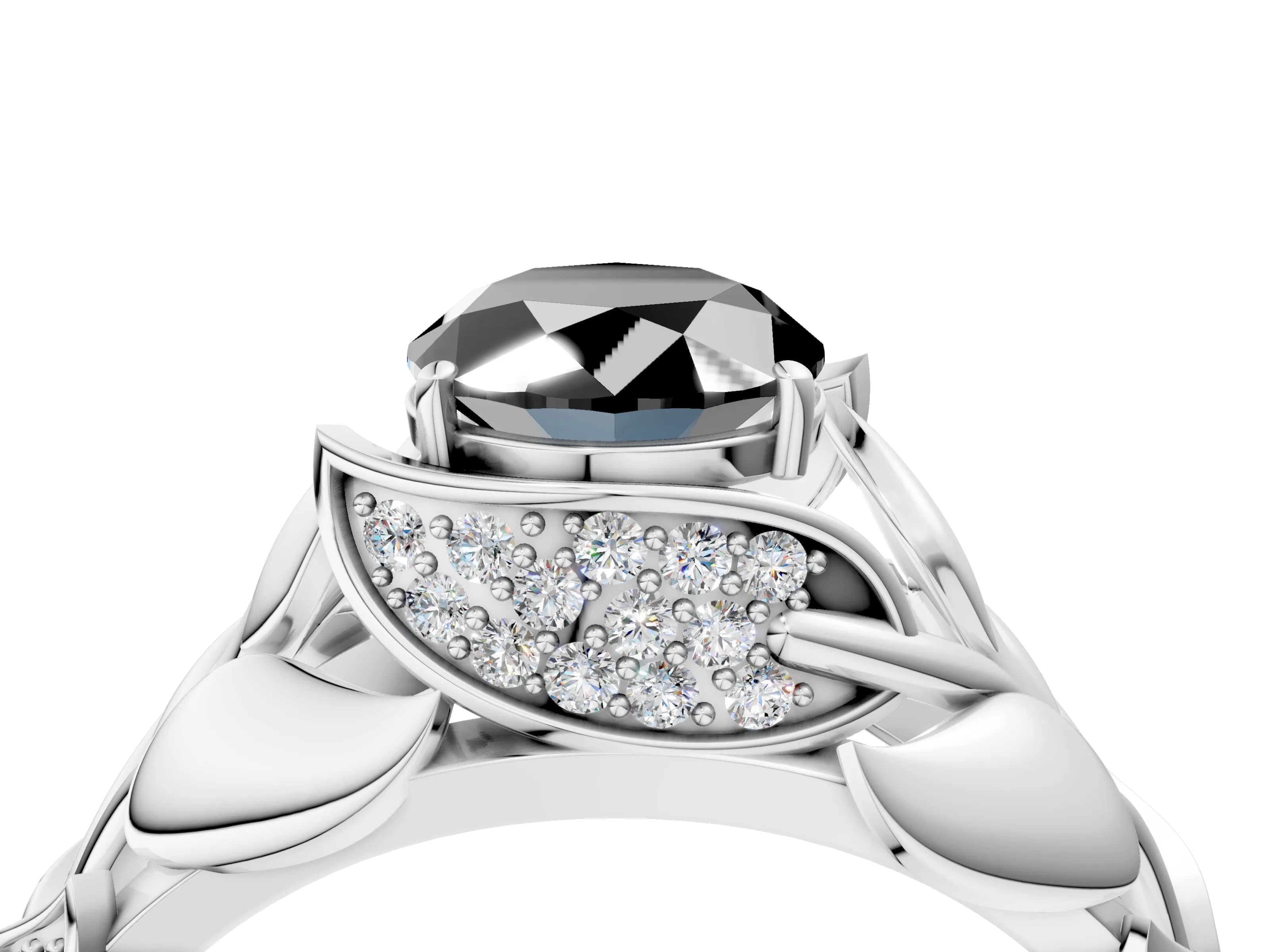 White gold Fancy Black Oval Cut Solitaire Leaf-Inspired Engagement Ring with Prong Setting_4