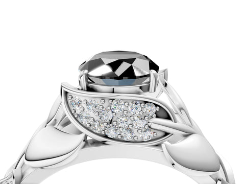 White gold Fancy Black Oval Cut Solitaire Leaf-Inspired Engagement Ring with Prong Setting_4