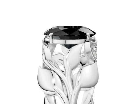 White gold Fancy Black Oval Cut Solitaire Leaf-Inspired Engagement Ring with Prong Setting_5