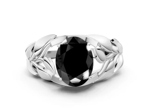 White gold Fancy Black Oval Cut Solitaire Leaf-Inspired Engagement Ring with Prong Setting