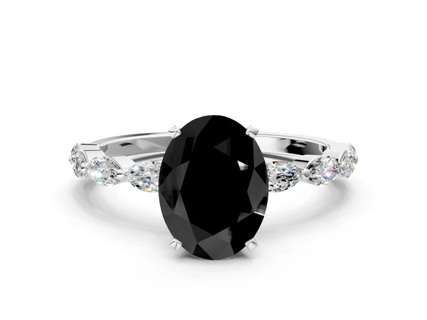 Platinum Oval Engagement Ring Setting for Black Center with Marquise Side Stones Along the Band