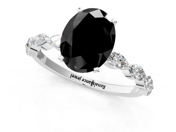 Platinum Oval Engagement Ring Setting for Black Center with Marquise Side Stones Along the Band