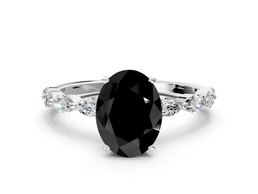 White gold Fancy Black Oval Cut Solitaire Marquise Side Stone Prong Setting Ring