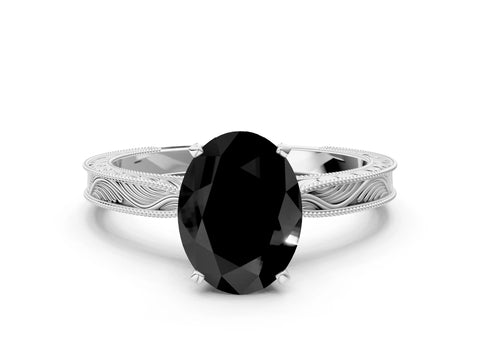 White gold Fancy Black Oval Cut Solitaire Milgrain Engraved Band with Four-Prong Setting_12