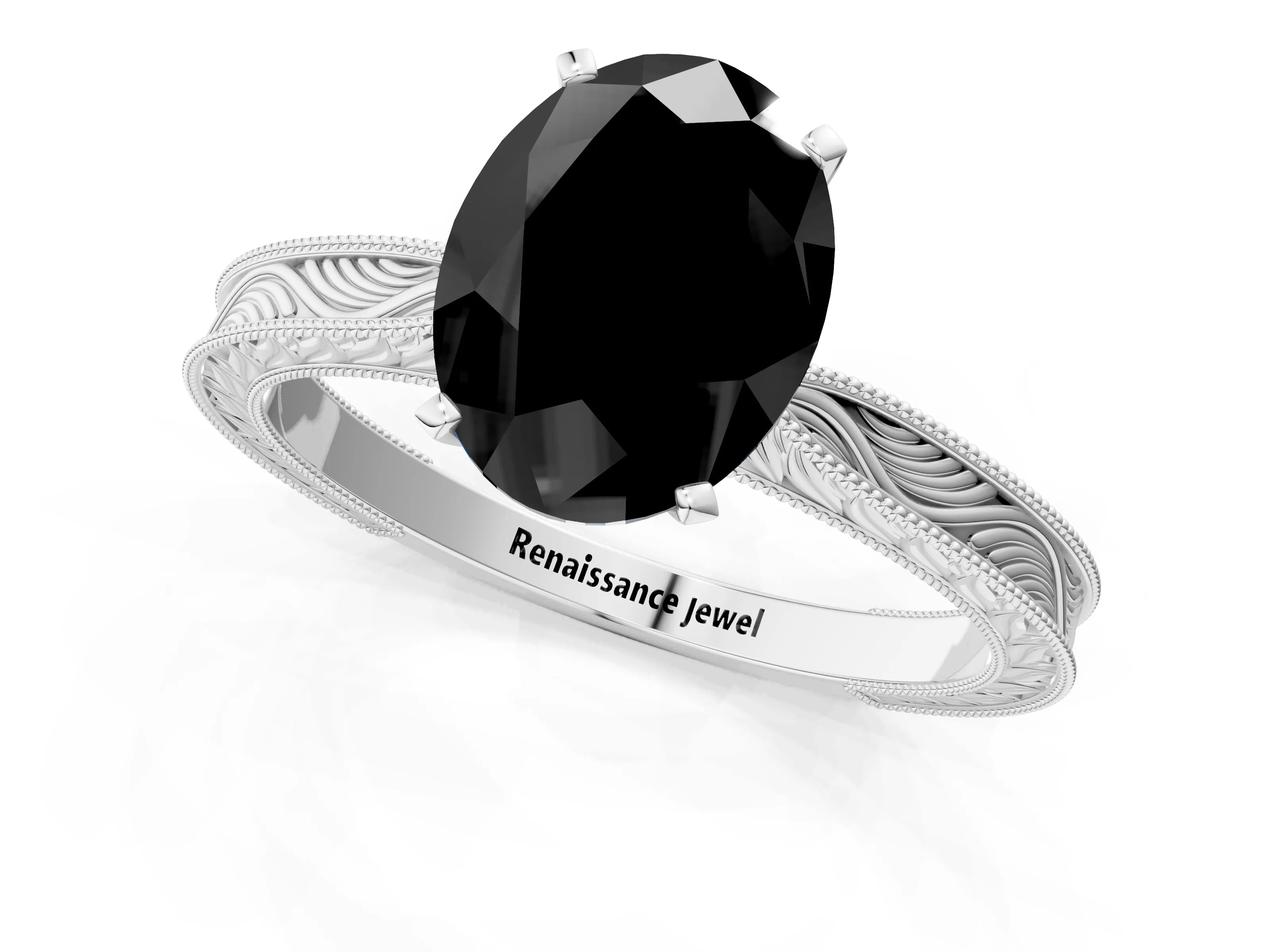 White gold Fancy Black Oval Cut Solitaire Milgrain Engraved Band with Four-Prong Setting_13