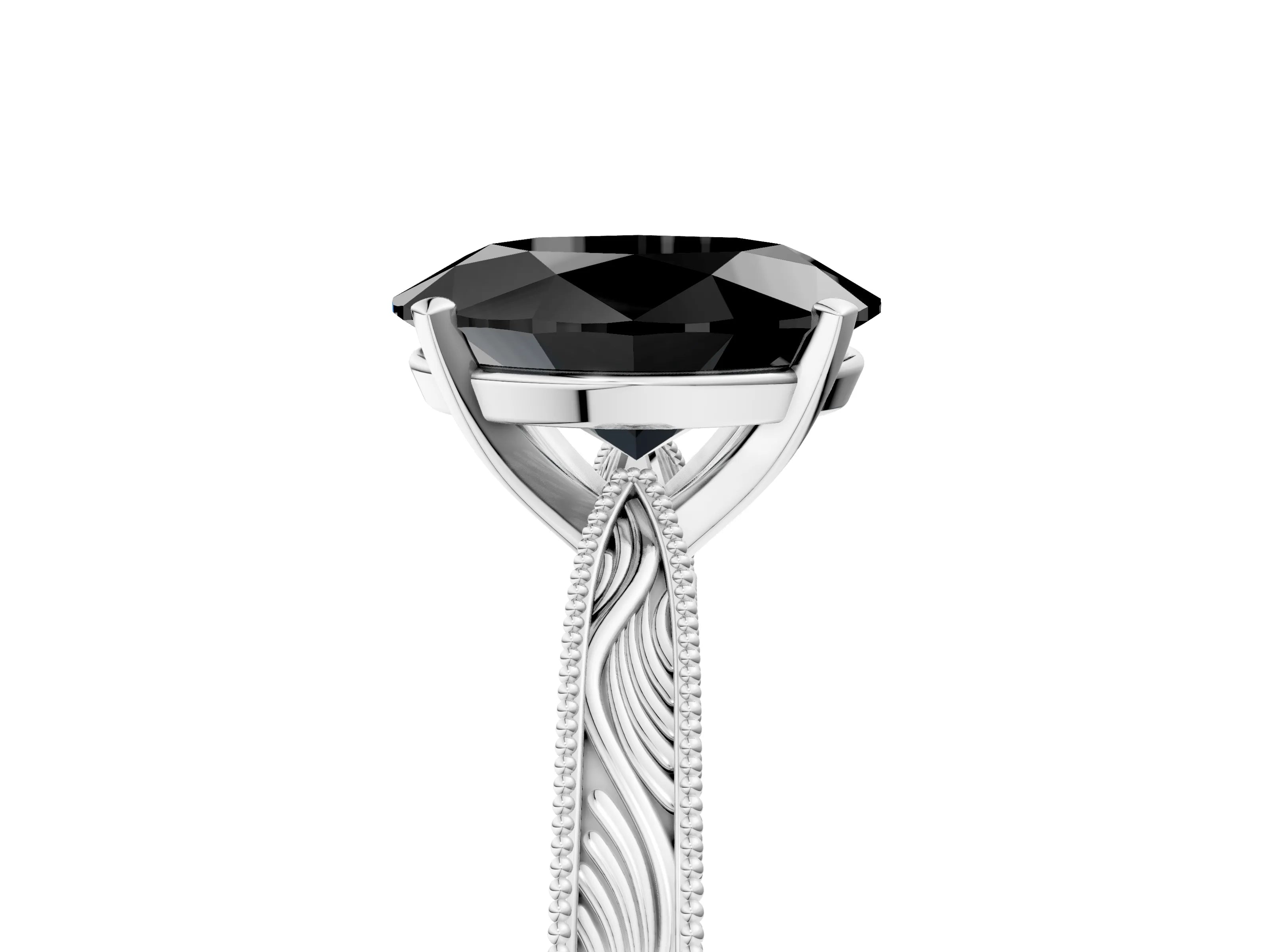 White gold Fancy Black Oval Cut Solitaire Milgrain Engraved Band with Four-Prong Setting_5