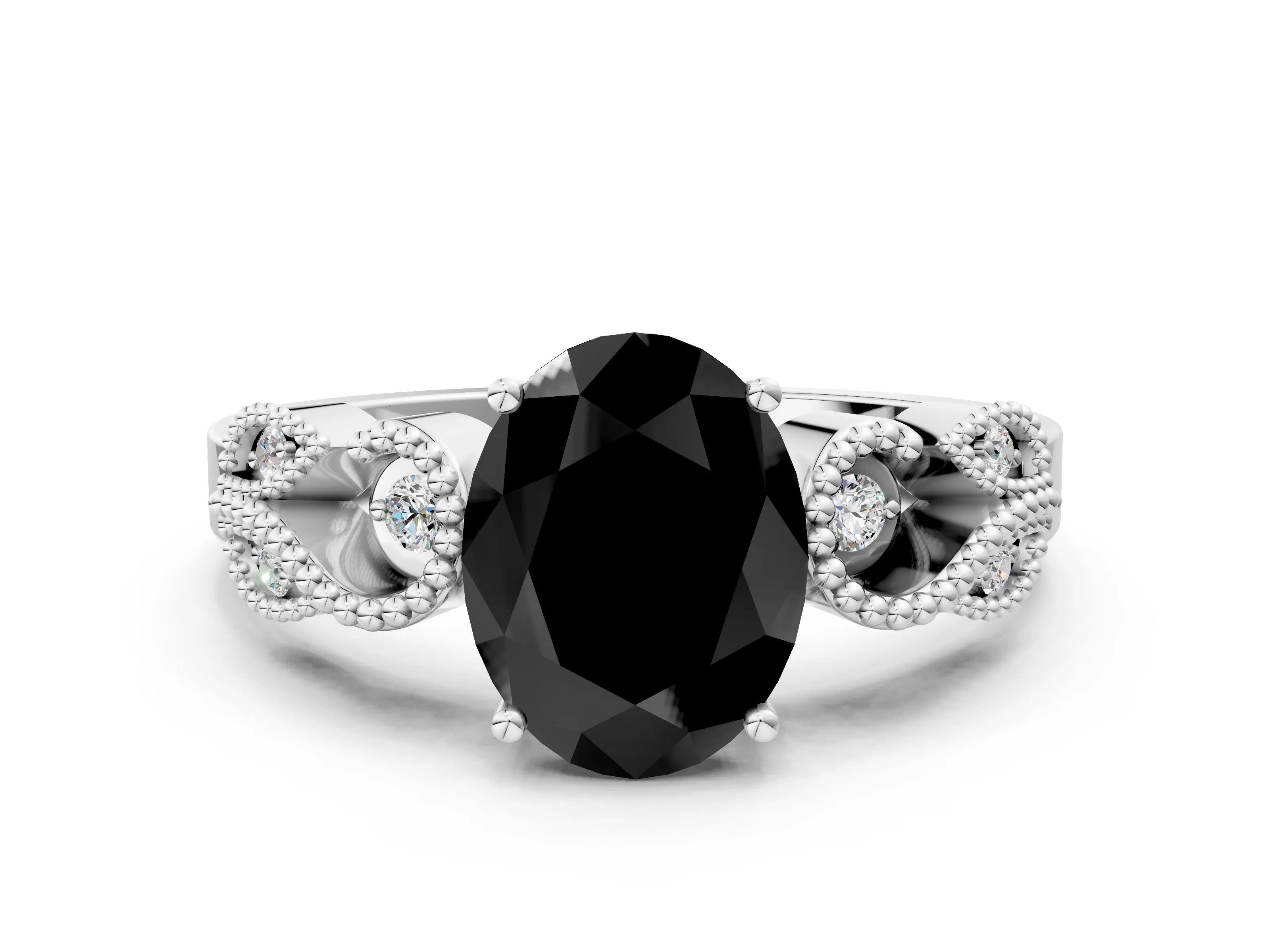 White gold Fancy Black Oval Cut Solitaire Milgrain Leaf Band with Prong Setting_12
