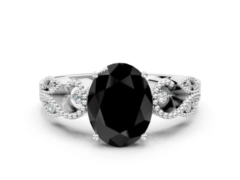 White gold Fancy Black Oval Cut Solitaire Milgrain Leaf Band with Prong Setting_12