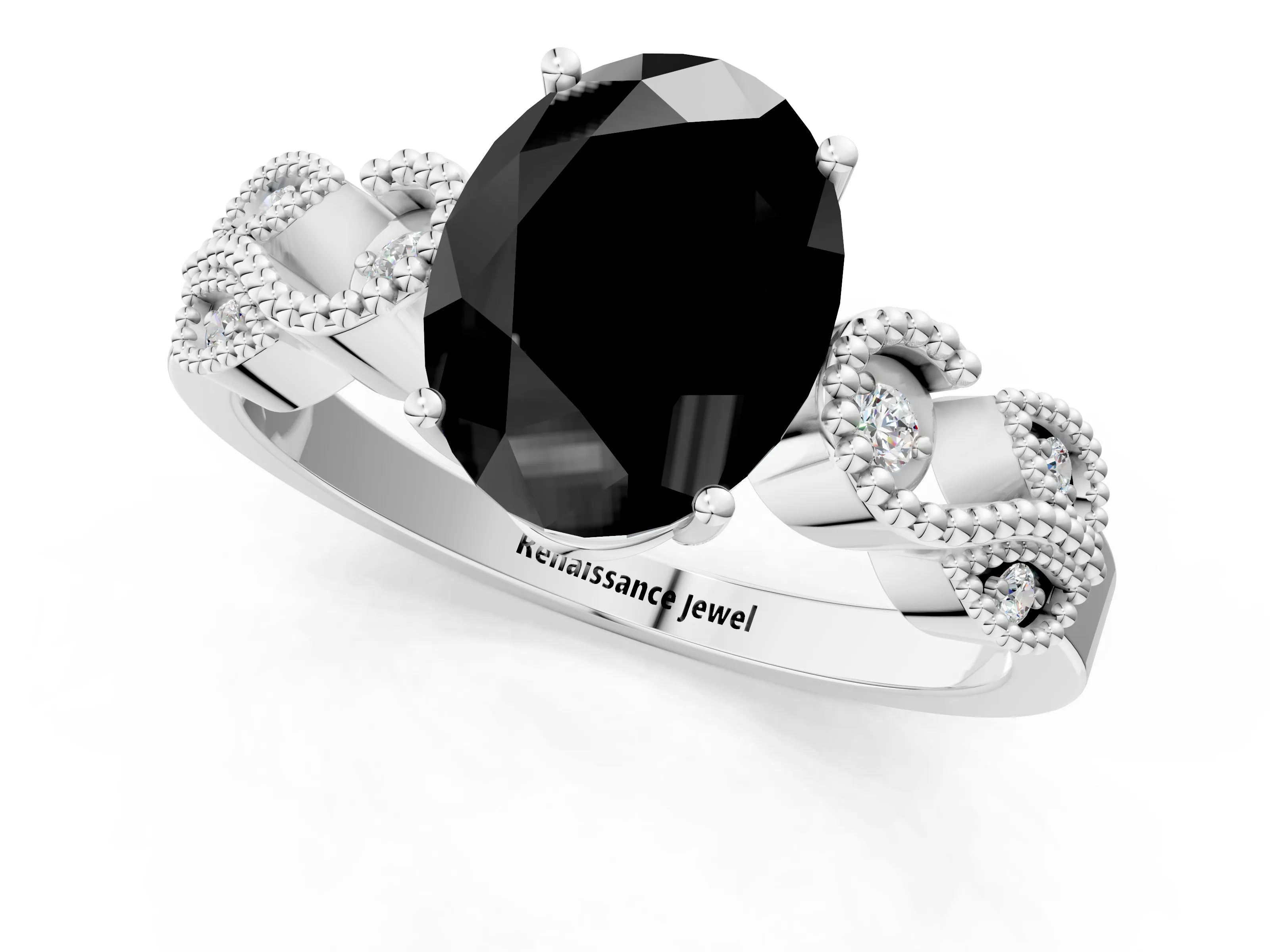 White gold Fancy Black Oval Cut Solitaire Milgrain Leaf Band with Prong Setting_13