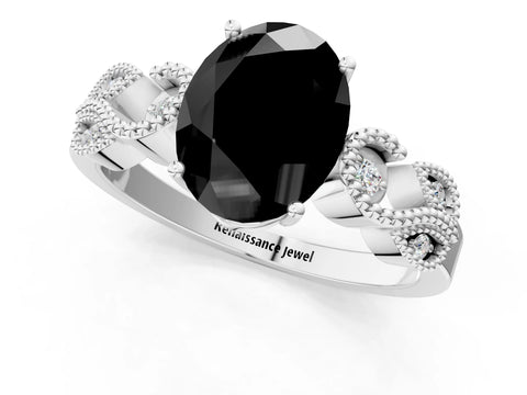 White gold Fancy Black Oval Cut Solitaire Milgrain Leaf Band with Prong Setting_13