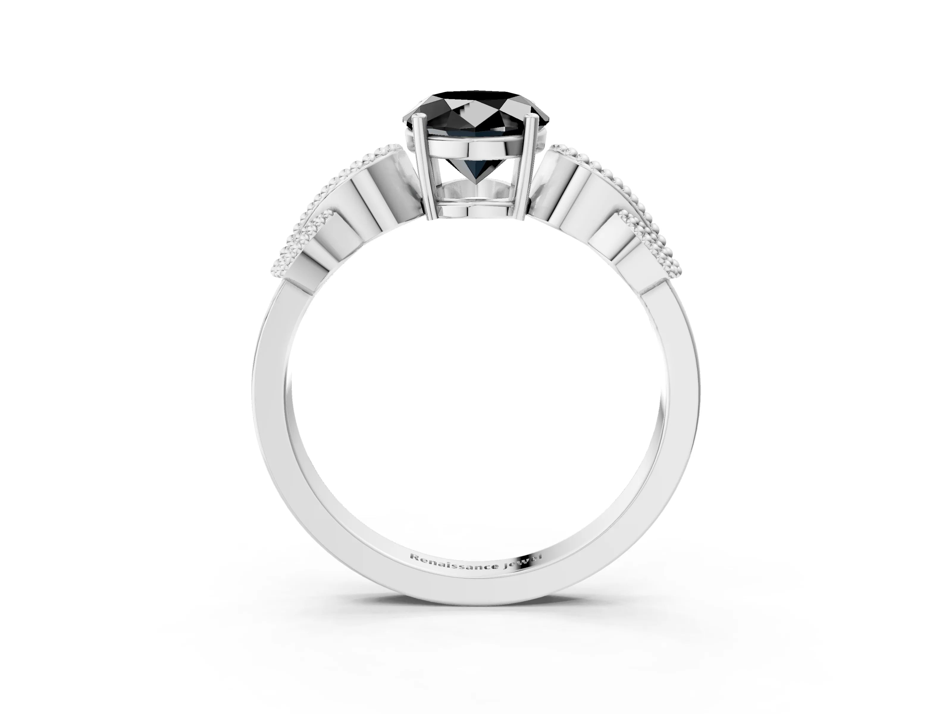 White gold Fancy Black Oval Cut Solitaire Milgrain Leaf Band with Prong Setting_15