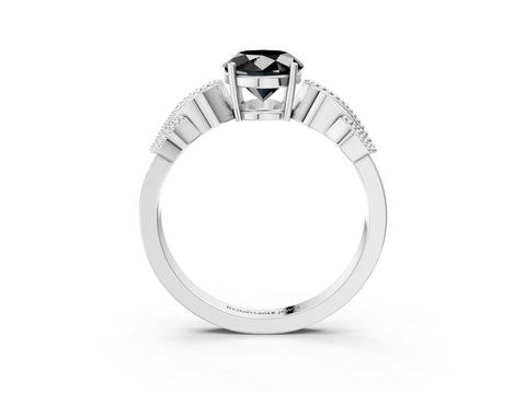 White gold Fancy Black Oval Cut Solitaire Milgrain Leaf Band with Prong Setting_15