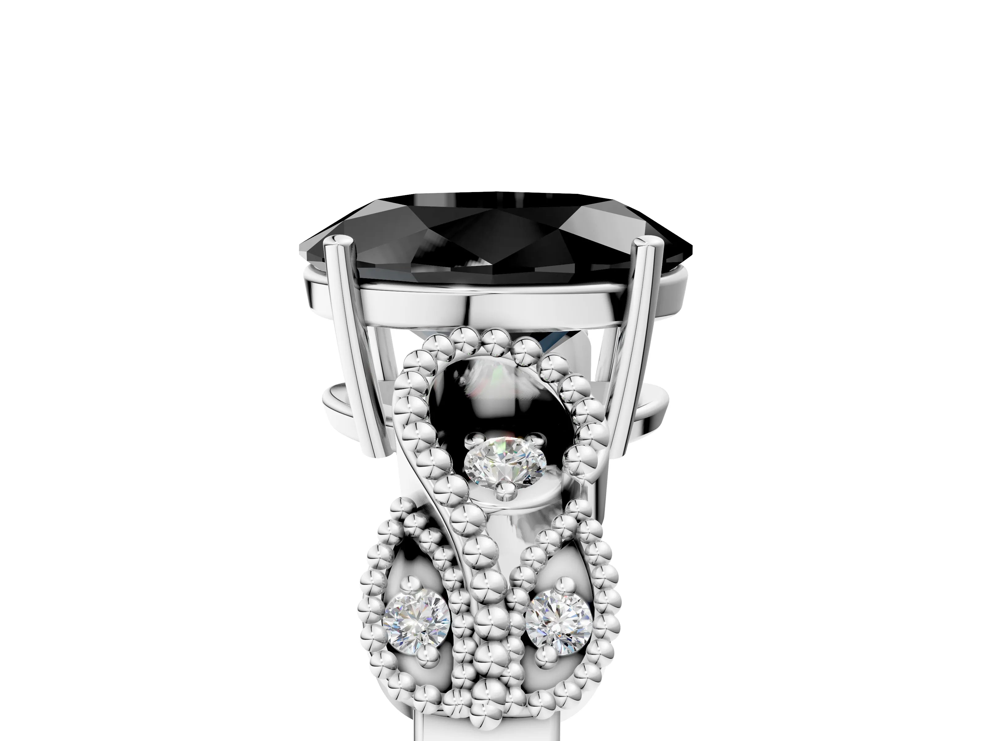 White gold Fancy Black Oval Cut Solitaire Milgrain Leaf Band with Prong Setting_17