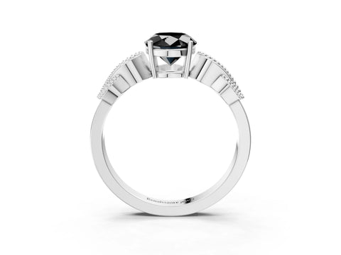 White gold Fancy Black Oval Cut Solitaire Milgrain Leaf Band with Prong Setting_3
