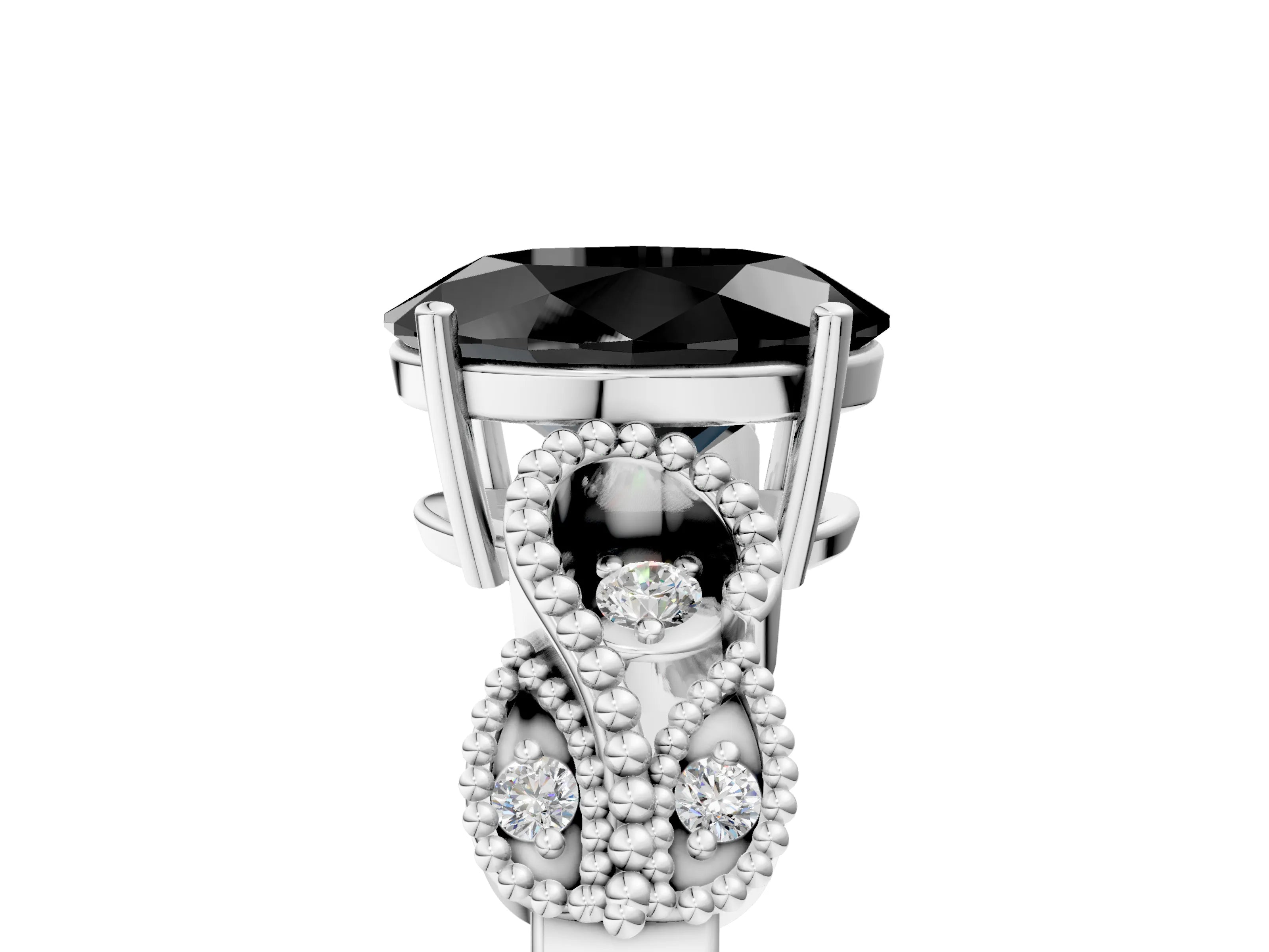 White gold Fancy Black Oval Cut Solitaire Milgrain Leaf Band with Prong Setting_5