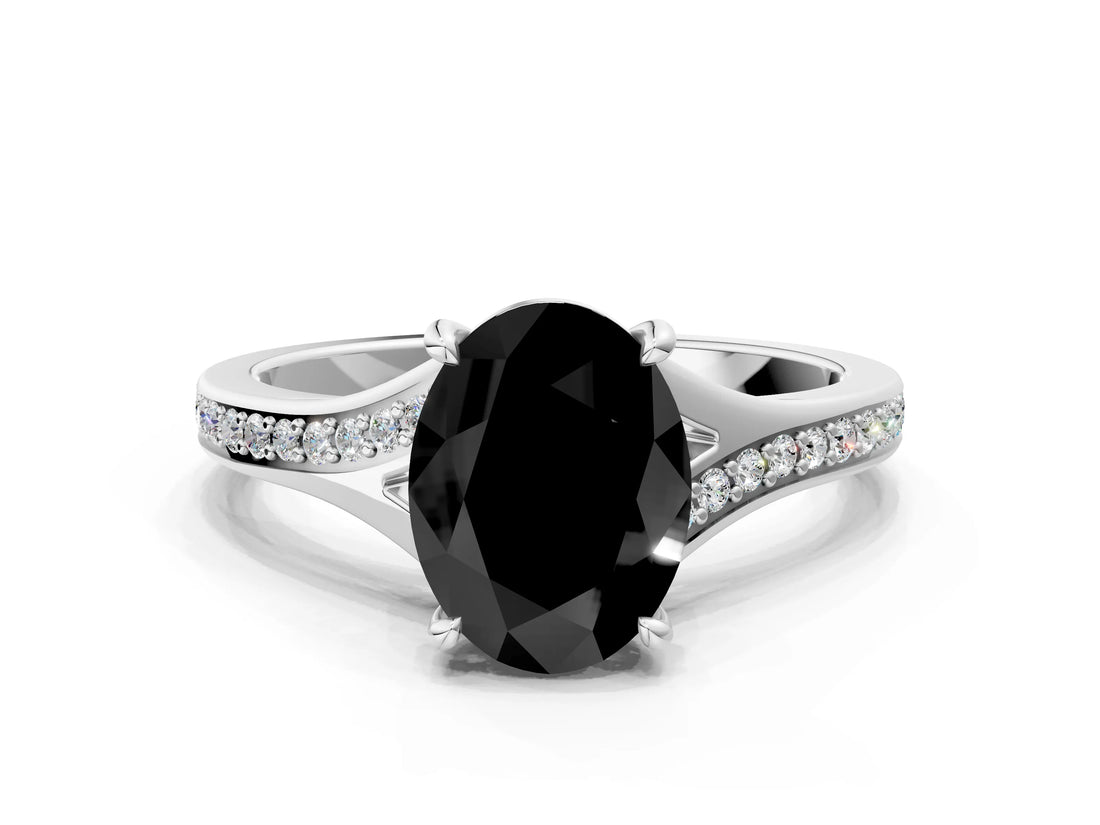 White gold Fancy Black Oval Cut Solitaire Pavé Band with Four-Prong Setting