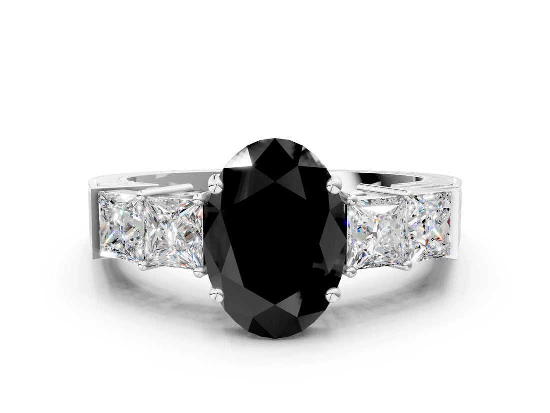 White gold Fancy Black Oval Cut Solitaire Princess Side Stone Engraved Band Prong Setting Ring_12
