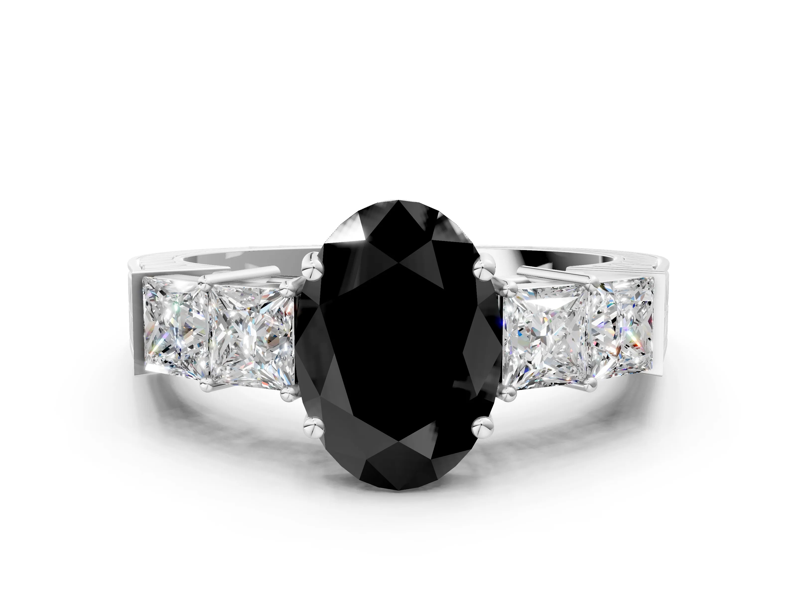 White gold Fancy Black Oval Cut Solitaire Princess Side Stone Engraved Band Prong Setting Ring_12
