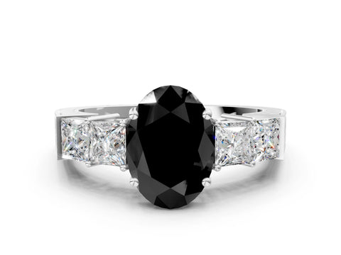 White gold Fancy Black Oval Cut Solitaire Princess Side Stone Engraved Band Prong Setting Ring_12